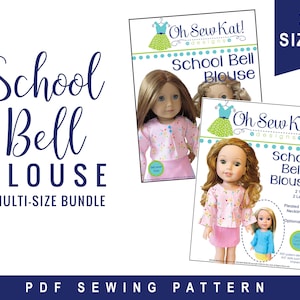 May include: A PDF sewing pattern for a doll blouse, with two different views and lengths. The pattern is designed for 18-inch dolls and includes pleated sleeves, a neckline detail, and an optional peplum. The pattern is available in two sizes.