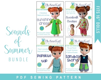 Doll Clothes PDF Bundle Sewing Pattern for 16 in dolls like Animators' Summer Fun Doll Clothes - 4 patterns ePattern easy to sew by OhSewKat