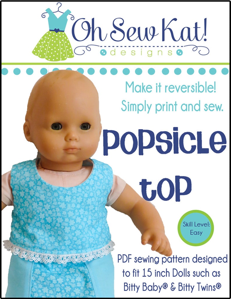 Baby Doll Clothes Sewing pattern fits dolls such as Bitty Baby and Bitty Twins Popsicle Crop Top doll shirt sewing pattern for dolls image 2