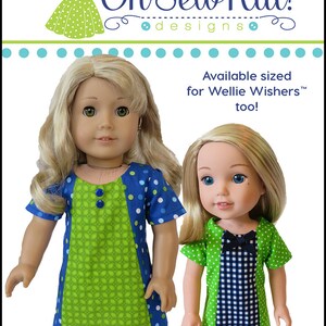 May include: Two dolls wearing green and blue dresses with different patterns. The dresses are available in sizes for Wellie Wishers dolls. The text "Oh Sew Kat! designs" is at the top of the image.