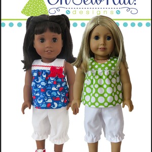 May include: Two dolls wearing white bloomers and tops. The doll on the left is wearing a blue and red top with a whale print. The doll on the right is wearing a green top with white polka dots. The dolls are standing on a white background. The text "Oh Sew Kat! designs" is at the top of the image. The text "Bloomer Buddies" is at the bottom of the image.
