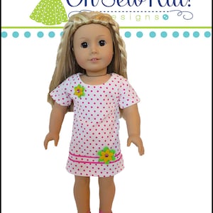 May include: A pink and white polka dot dress with yellow flower embellishments. The dress is designed for a doll and has a short-sleeved design. The dress is called "Sunshine Dress".
