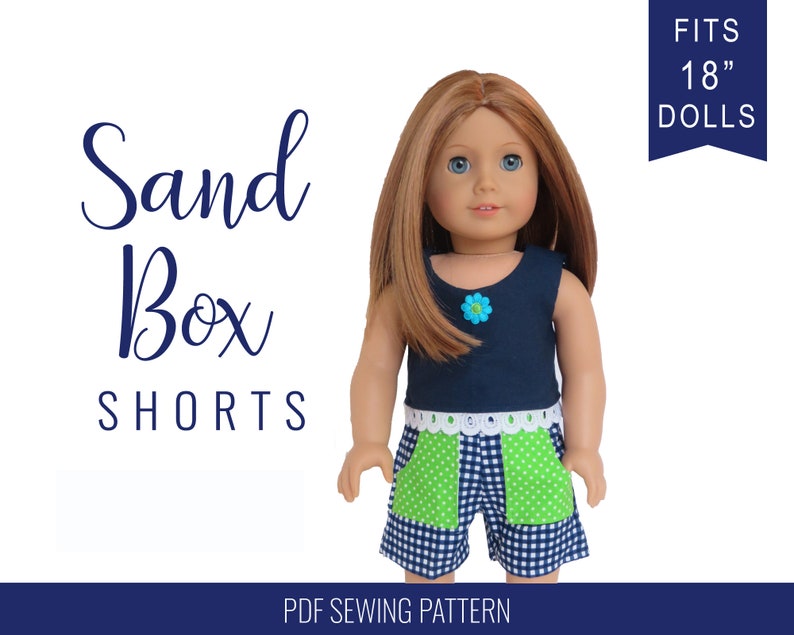 Sewing pattern for 18 inch doll clothes, DIY pattern for dolls like American Girl ® Sandbox Shorts in 3 styles working pockets, PDF image 1