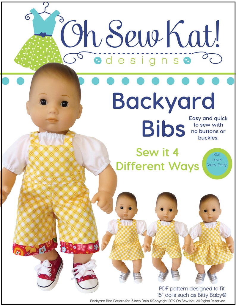 Baby Doll Clothes Sewing Pattern for 15 inch baby doll overalls sewing pattern Backyard Bibs Romper Shortalls Skirt PDF digital pattern image 2