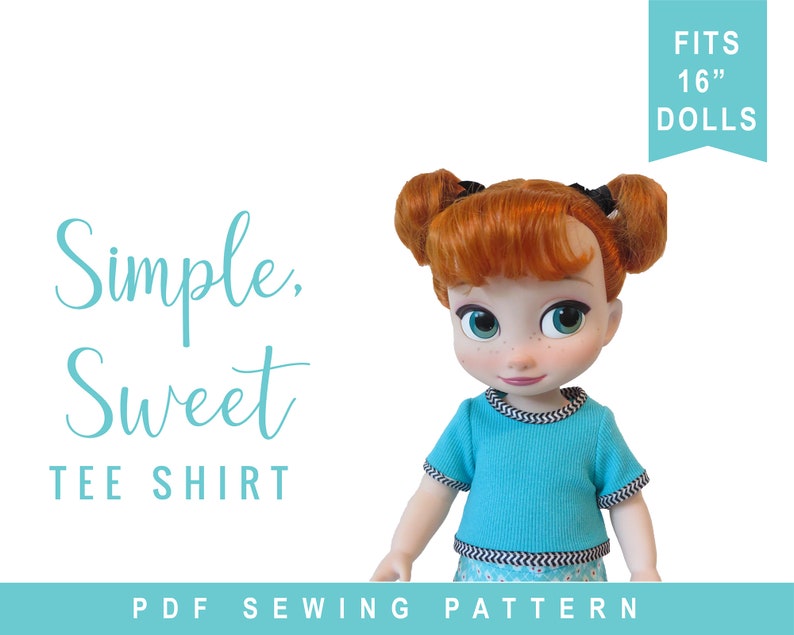 K&ouml;nnte beinhalten: Ein PDF-Schnittmuster f&uuml;r ein einfaches, s&uuml;&szlig;es T-Shirt f&uuml;r 40 cm Puppen. Das Schnittmuster enth&auml;lt Anleitungen zum N&auml;hen eines blauen T-Shirts mit schwarz-wei&szlig;em Besatz.