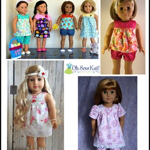 May include: Six dolls wearing different dresses and shorts. The dolls are all wearing different outfits, including a floral dress, a polka dot dress, a blue and white dress, a pink and white dress, and a pink and white dress with a heart pattern. The dolls are all standing on a wooden surface. The text "Oh Sew Kat!" is visible in the image.