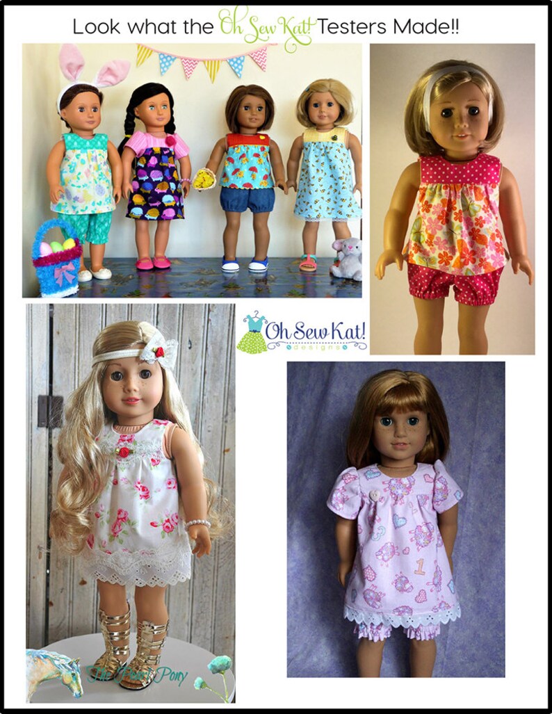 May include: Six dolls wearing different dresses and shorts. The dolls are all wearing different outfits, including a floral dress, a polka dot dress, a blue and white dress, a pink and white dress, and a pink and white dress with a heart pattern. The dolls are all standing on a wooden surface. The text "Oh Sew Kat!" is visible in the image.