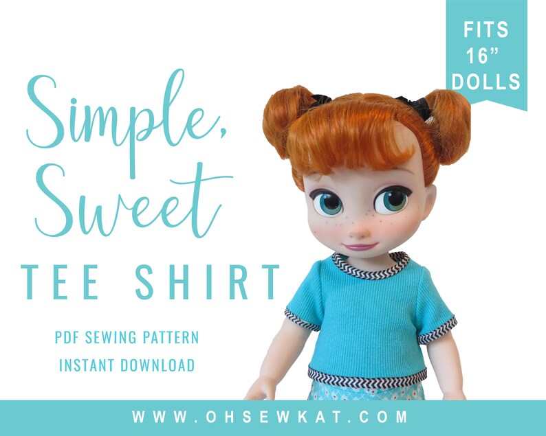 K&ouml;nnte beinhalten: Ein PDF-Schnittmuster f&uuml;r ein einfaches, s&uuml;&szlig;es T-Shirt f&uuml;r 40 cm Puppen. Das Schnittmuster enth&auml;lt Anleitungen zum N&auml;hen eines t&uuml;rkisfarbenen T-Shirts mit schwarzem Besatz.