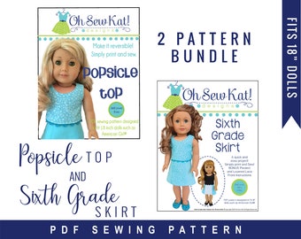 18 " Doll Clothes PDF Sewing Pattern Bundle to sew for 18 inch Dolls , Doll Outfit Popsicle Top & Sixth Grade Skirt by Oh Sew Kat!