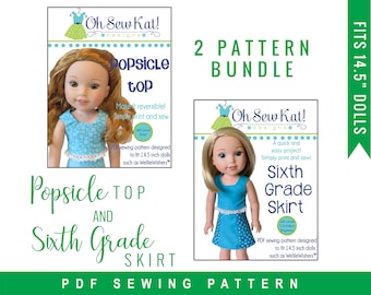 Sewing Pattern PDF Bundle for doll clothes to sew for 14 inch WellieWishers Dolls , Epattern Popsicle Top & Sixth Grade Skirt