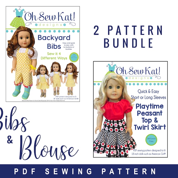 18 inch doll clothes pattern - overalls and peasant top bundle sewing pattern - PDF digital -  variations to make overalls, skirt, top