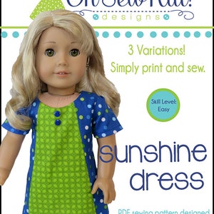 May include: A PDF sewing pattern for a sunshine dress for 18 inch dolls. The dress is green and blue with white polka dots. The pattern includes three variations and is easy to sew. "Oh Sew Kat! designs" is printed at the top of the image.