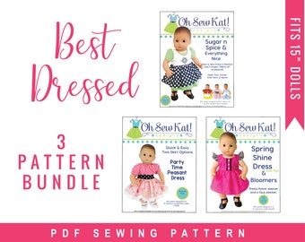 Doll Clothes Pattern PDF Bundle of 3 Sewing Patterns for 15 inch baby dolls like Bitty Baby™  Easy to Sew Doll Dresses & Clothes by OhSewKat