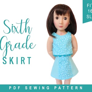 May include: A PDF sewing pattern for a blue and white floral skirt for a 16 inch slim doll. The pattern is called "Sixth Grade Skirt" and is for a doll that fits a 16 inch slim body.