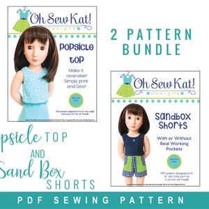May include: A 2-pattern bundle for 16-inch dolls, featuring a popsicle top and sandbox shorts. The patterns are designed by Oh Sew Kat! designs and are easy to sew. The patterns are designed to fit 18-inch slim dolls such as A Girl For All Time.