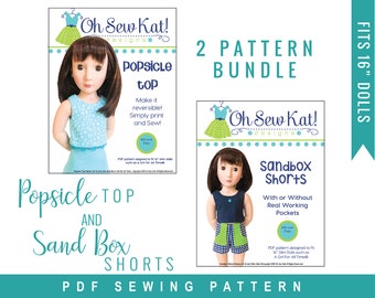 A Girl for All Time Doll Clothes Sewing Pattern Bundle:  16 inch slim Sandbox Shorts and Popsicle Top with Free Skirt Pattern by Oh Sew Kat!