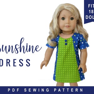 18 inch doll clothes sewing pattern for 3 styles of Sunshine Dress, easy to sew patterns for 18 dolls, PDF printable download image 1