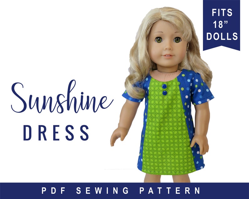 18 inch doll clothes sewing pattern for 3 styles of Sunshine Dress, easy to sew patterns for 18 dolls, PDF printable download image 1