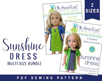Doll Clothes Sewing Pattern Bundle:  18 inch and 14.5 inch Sunshine Dress digital PDF pattern.  Easy to sew, 3 styles, short sleeve dress