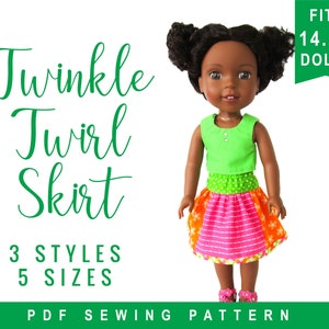 Peut inclure: Patron de couture PDF pour une jupe tournante en trois styles et cinq tailles, conçue pour les poupées de 36,8 cm. Le patron présente une poupée portant un haut vert et une jupe rose et orange à rayures blanches.