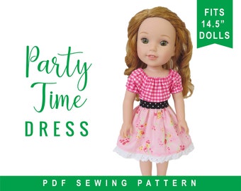 Patrón de ropa de muñeca para WellieWishers 14.5 pulgadas Party Time Vestido campesino Ropa de muñeca fácil de coser Patrón de costura OhSewKat Hearts for Hearts