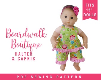 Patrón de costura imprimible para ropa de muñeca bebé Bitty: top con cuello halter y pantalones capri con volantes de 15 pulgadas para muñeca bebé de Boardwalk Boutique, fácil de coser