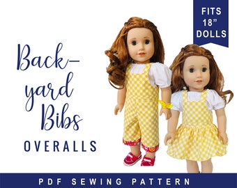 Doll Clothes Sewing Pattern for 18 inch doll clothes overalls sewing pattern - Backyard Bibs - Romper Shortalls  Skirt PDF digital pattern