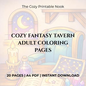 Op de afbeelding: Illustratie voor "The Cozy Printable Nook" met een gezellig fantasy taverne thema. De afbeelding bevat een kaars, een drankfles, een comfortabele stoel en een boek. De tekst luidt "COZY FANTASY TAVERN ADULT COLORING PAGES".