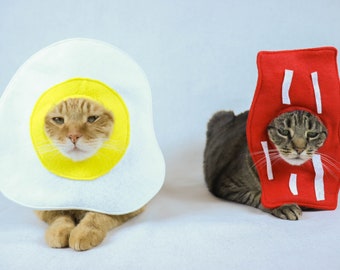Puede incluir: Dos gatos con disfraces. Un gato lleva un disfraz de huevo blanco y amarillo. El otro gato lleva un disfraz de tocino rojo y blanco.