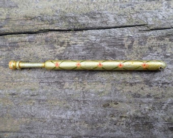 Golden Hand Painted Lace Making Bobbin with Pink and Red Flowers with Pink Finials.