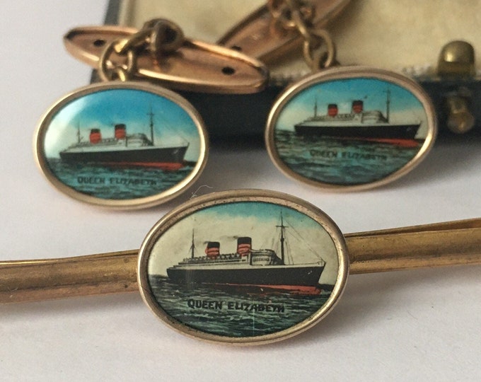 Vintage Ship Set, Vintage Ship Cuflfinks, Vintage Tie Clip, Vintage Cufflink Set, Nautical Set, Vintage Ship jewellery, Vintage Mens Set