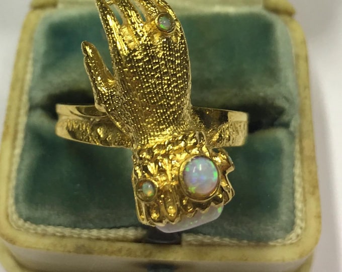 Vintage Gilt Sterling Silver Fede Ring, Opal Hand Jewelry