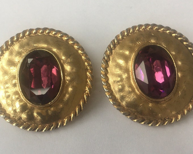 Vintage Gold Tone Clip On Earrings, Amethyst Color Stone
