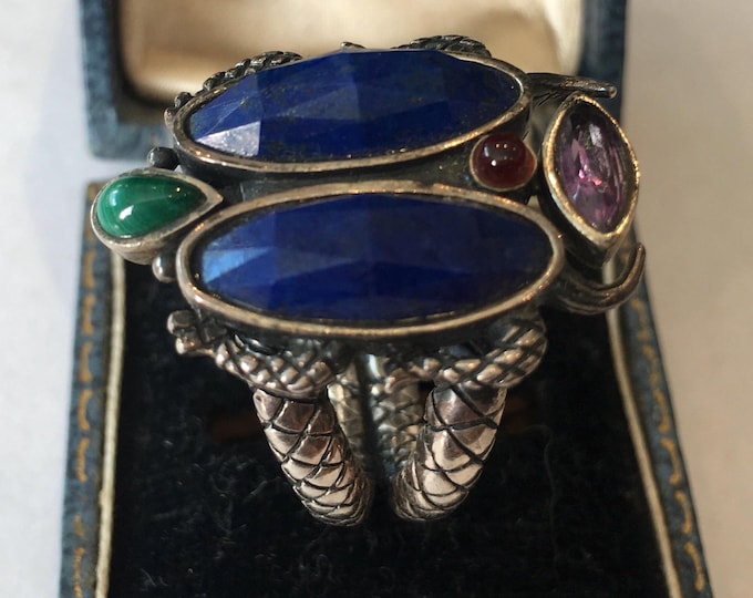 A magnificent rare Stephen Dweck Bug Ring with divine lapis, pear malachite and amethyst, rare magical ring.