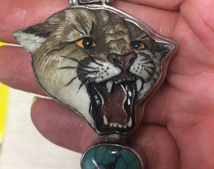 Vintage Panther necklace, Panther jewellery, Sterling Panther Pendant, Navaho turquoise wild cat divine rare collector's piece