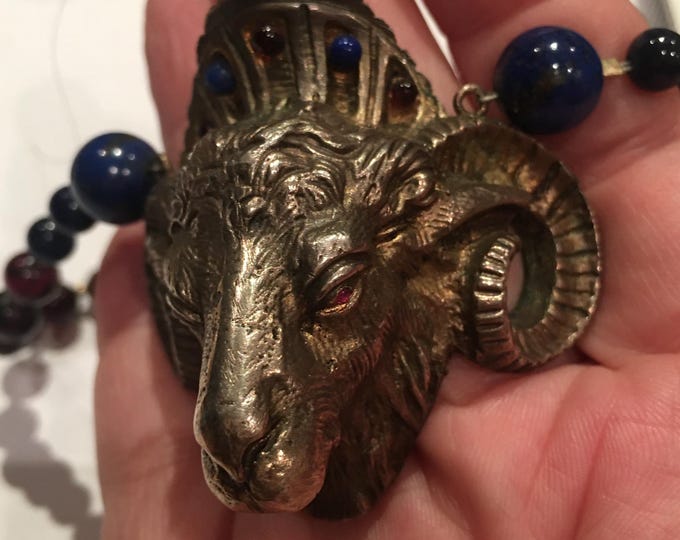 Magnificent Ram Necklace, Vintage Ram Head Pendant Necklace, Rare Animal Jewelry