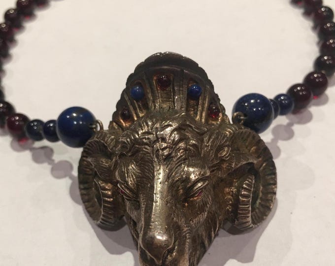 Magnificent Ram Necklace, Vintage Ram Head Pendant Necklace, Rare Animal Jewelry