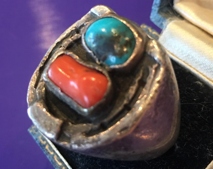 Vintage Silver Native American Ring, Sterling Silver, Turquoise and Coral Ring, Silver Ring, interesting piece.