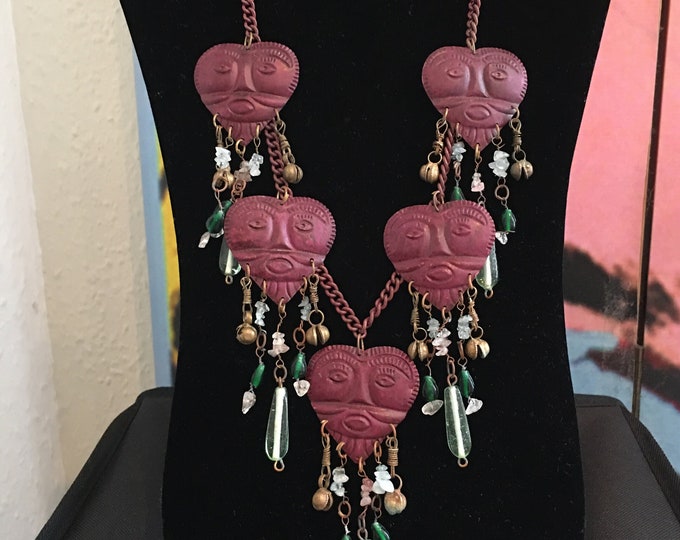 Vintage Heart Face Statement Necklace, Rare Burgundy Design