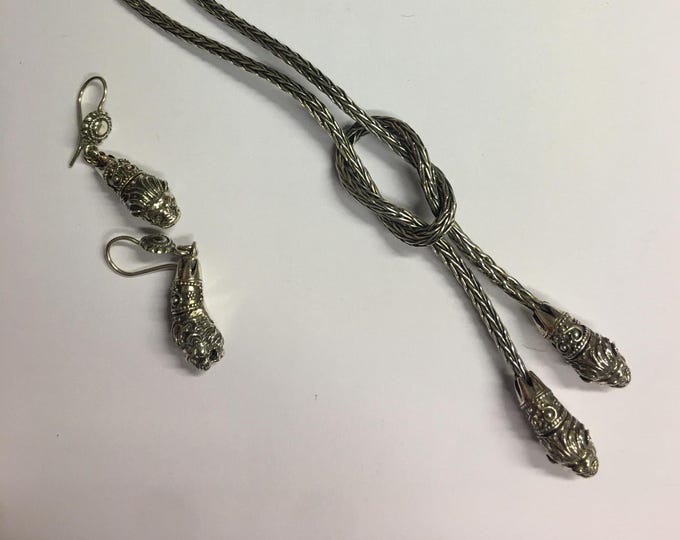 Vintage Lion set, sterling silver necklace and earrings, rare design set