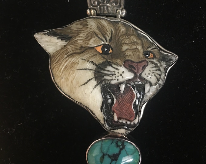 Vintage Panther necklace, Panther jewellery, Sterling Panther Pendant, Navaho turquoise wild cat divine rare collector's piece
