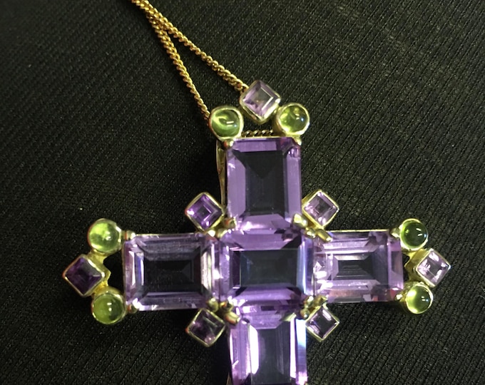 Vintage Amethyst and Peridot Cross, Silver Gilt Cross, Sterling Silver Cross, Vintage Crucifix, Cross, divine rare statement piece.