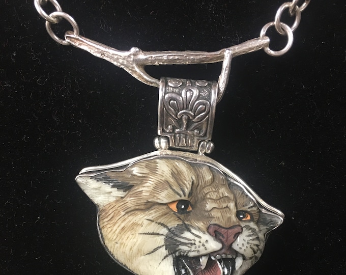 Vintage Panther necklace, Panther jewellery, Sterling Panther Pendant, Navaho turquoise wild cat divine rare collector's piece