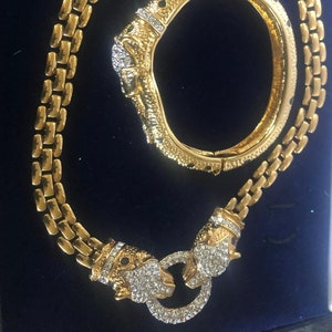 Vintage Panther Set, Attwood and Sawyer Panther necklace and bangle Set, Panther bracelet, Statement Panther Necklace, Panther Jewelry, rare