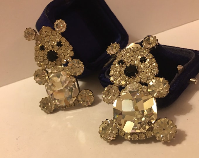Vintage Rhinestone Teddy Bear Earrings, Rare Jewelry