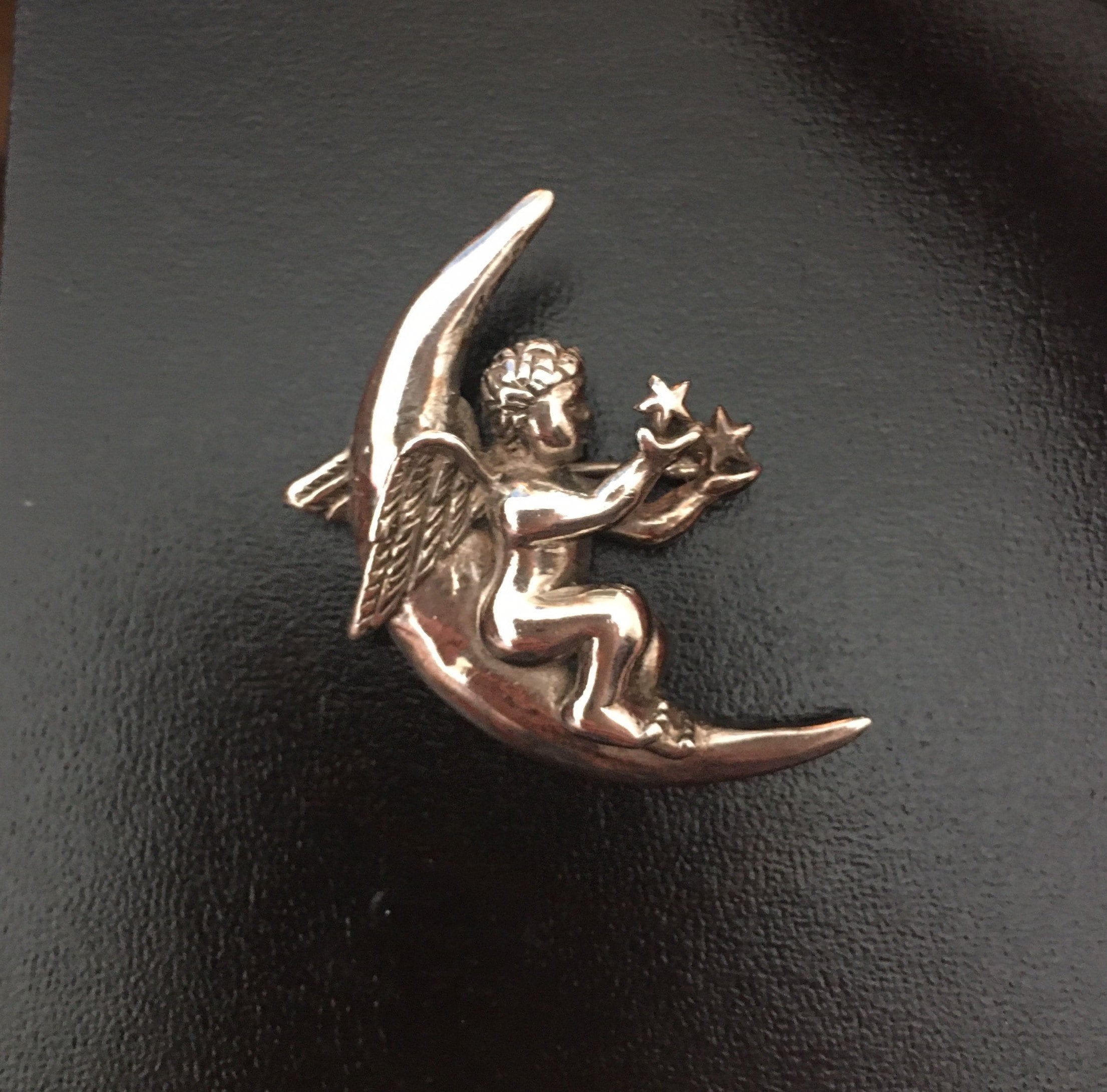 Vintage Angel Pendant, Silver Moon Brooch, Angel Jewellery, Cupid, Moon