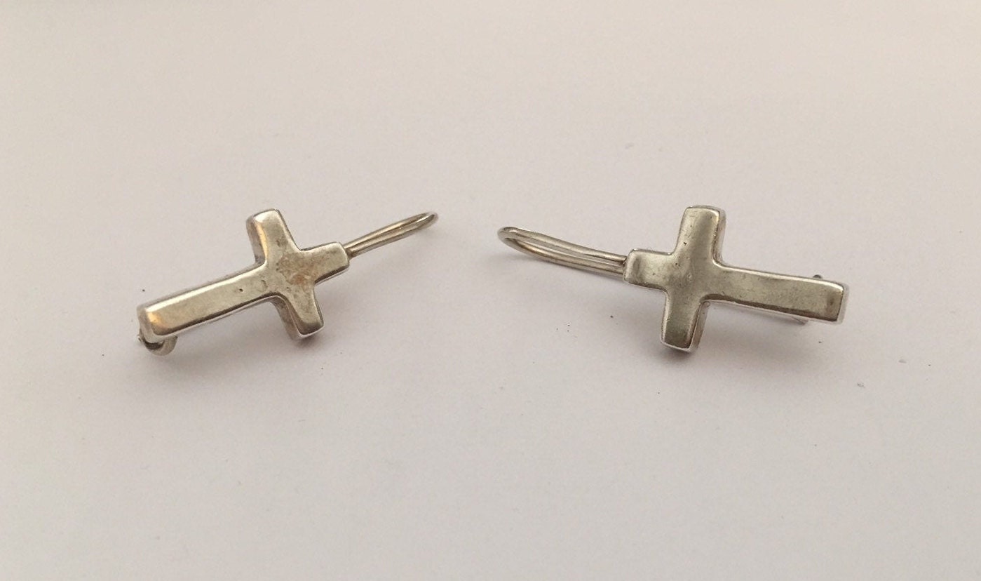 Vintage Cross Earrings, Vintage Religious Earrings, Silver Earrings