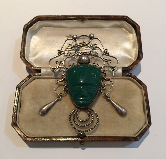 Face Brooch, Mask Brooch, Vintage Silver carved Fa