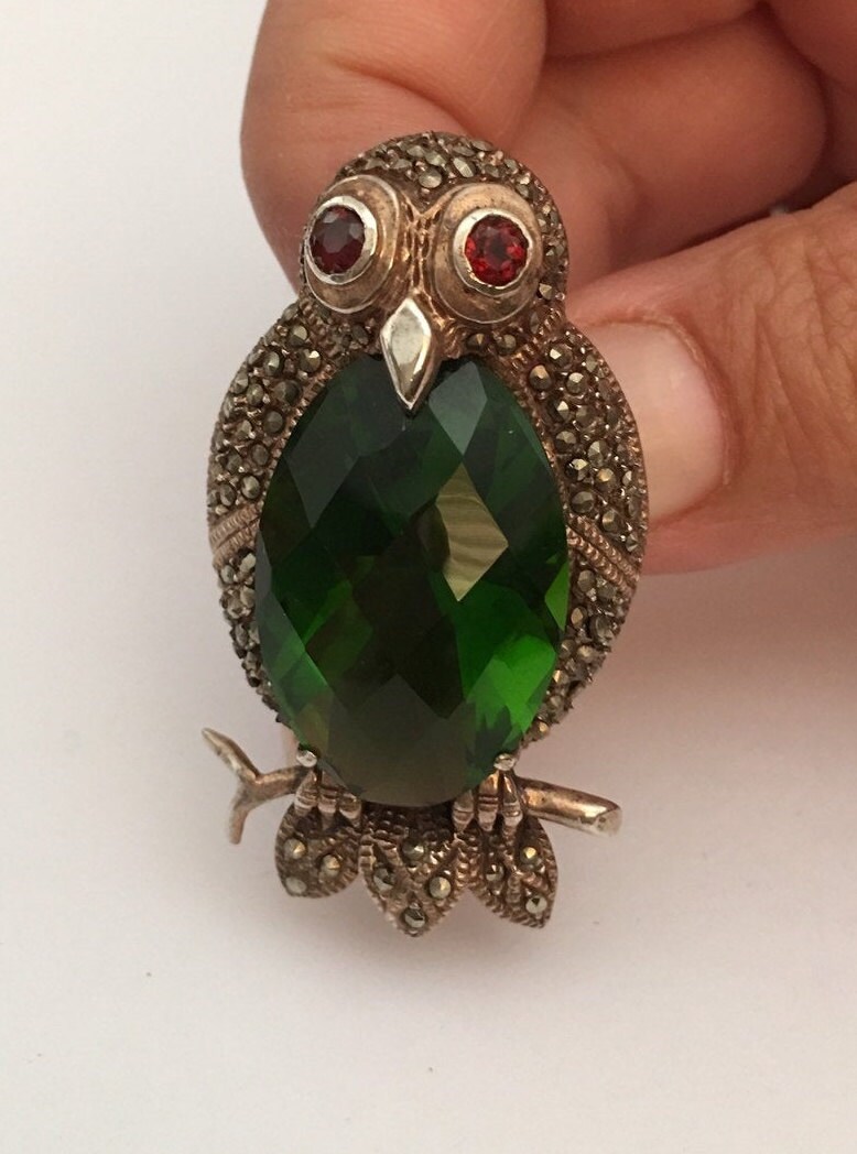 Vintage Owl Brooch, Vintage Silver Owl Brooch, Peridot Owl Brooch ...