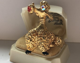 Vintage Gold Poodle Brooch, Rhinestone Enamel Dog Pin